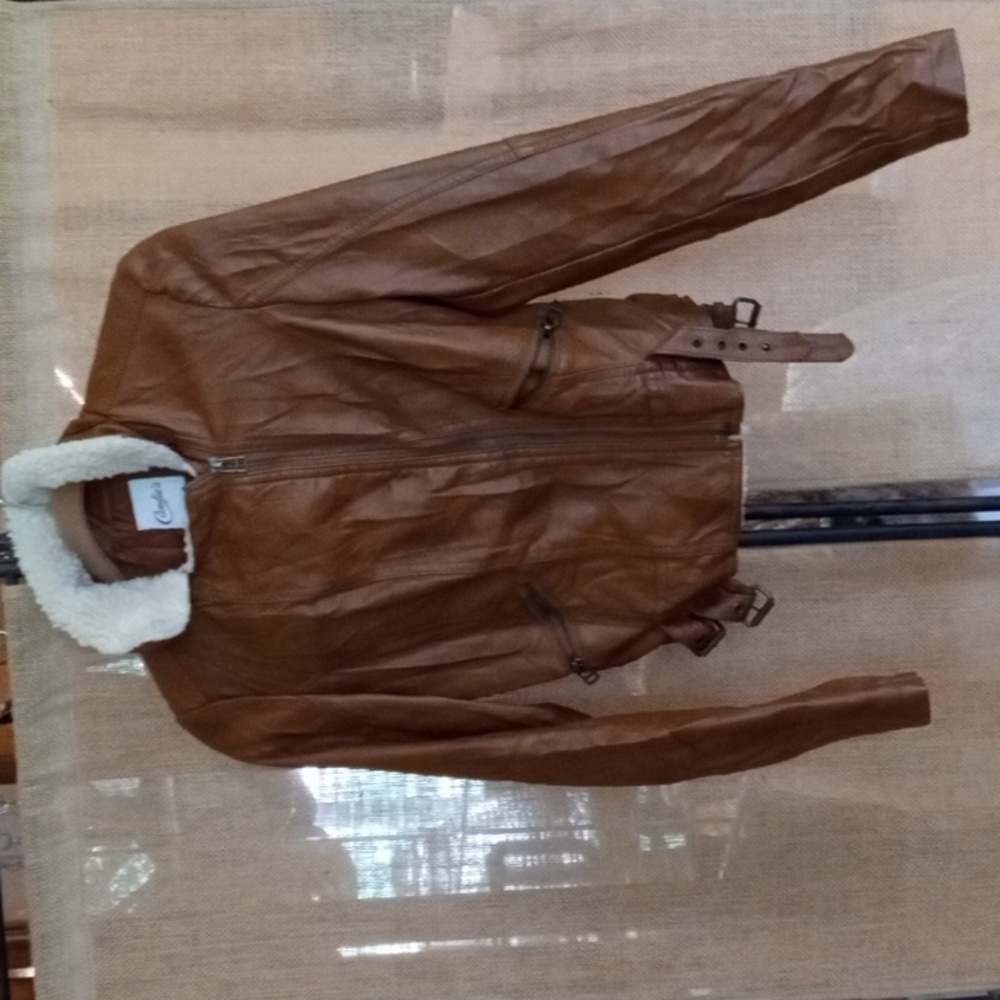Faux Leather Jacket with shearing around collar and front opening
